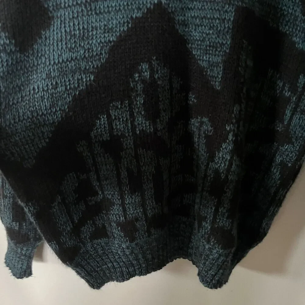 VTG Campus 80s 90s Sweater Pullover Mens Blue Black Acrylic Leather Abstract S